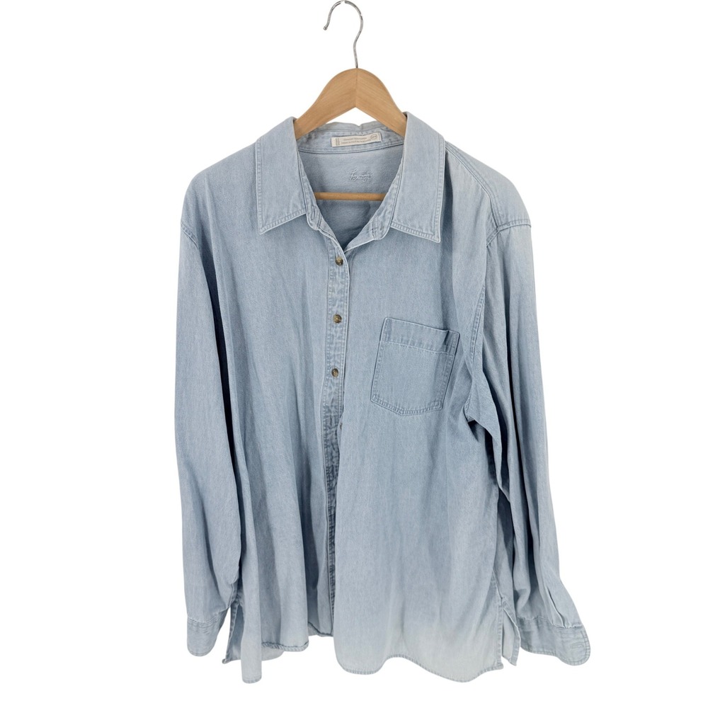 Foxcroft Denim Button Down Shirt Light Wash 22W Plus Size Chambray Coastal